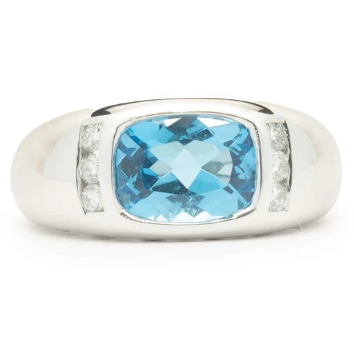 14 Karat White Gold Blue Topaz and Diamond Ring