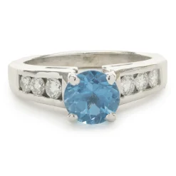 14 Karat White Gold Blue Topaz and Diamond Ring