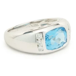 14 Karat White Gold Blue Topaz and Diamond Ring