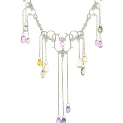 14 Karat White Gold Briolette Rainbow Sapphire and Diamond Drop Necklace