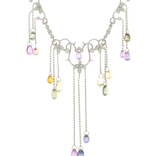 14 Karat White Gold Briolette Rainbow Sapphire and Diamond Drop Necklace