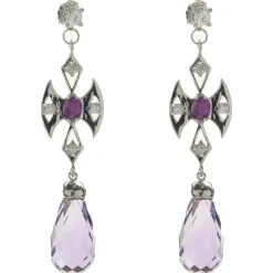 14 Karat White Gold Briolette Amethyst and Ruby Cross Drop Earrings