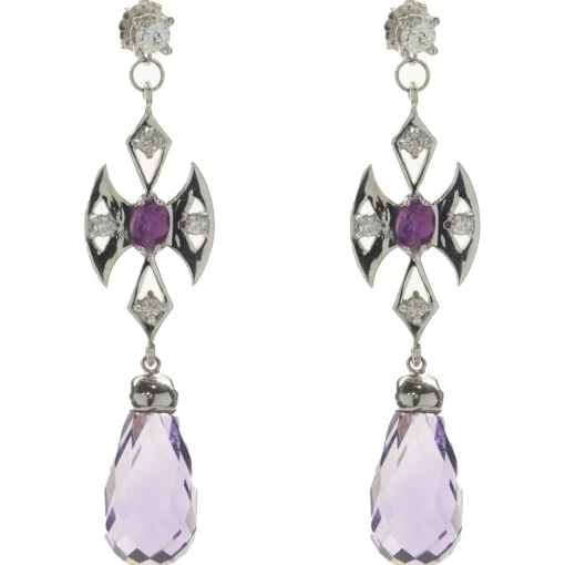 14 Karat White Gold Briolette Amethyst and Ruby Cross Drop Earrings