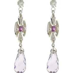 14 Karat White Gold Briolette Amethyst and Ruby Cross Drop Earrings