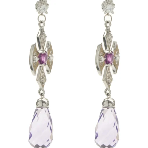 14 Karat White Gold Briolette Amethyst and Ruby Cross Drop Earrings
