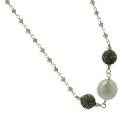 18 Karat White Gold Briolette Cut Diamonds, Black Diamonds, and Tahitian Pearl Station Necklace