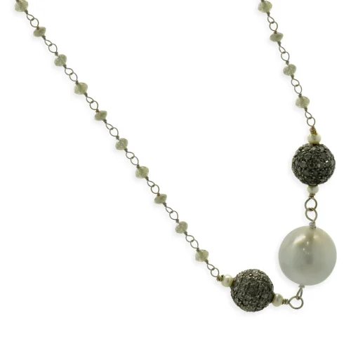 18 Karat White Gold Briolette Cut Diamonds, Black Diamonds, and Tahitian Pearl Station Necklace