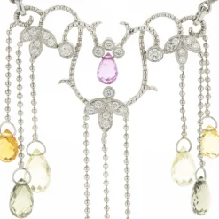 14 Karat White Gold Briolette Rainbow Sapphire and Diamond Drop Necklace