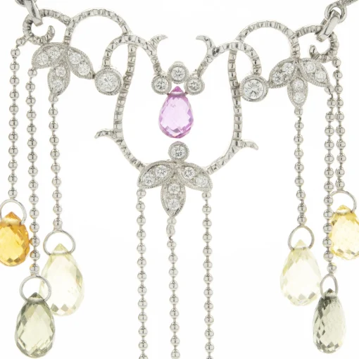 14 Karat White Gold Briolette Rainbow Sapphire and Diamond Drop Necklace
