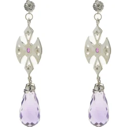 14 Karat White Gold Briolette Amethyst and Ruby Cross Drop Earrings