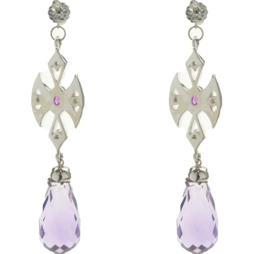14 Karat White Gold Briolette Amethyst and Ruby Cross Drop Earrings