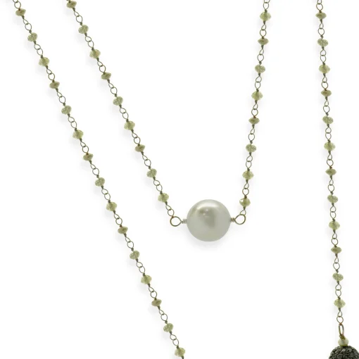 18 Karat White Gold Briolette Cut Diamonds, Black Diamonds, and Tahitian Pearl Station Necklace
