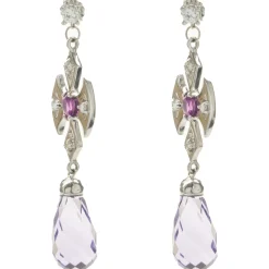 14 Karat White Gold Briolette Amethyst and Ruby Cross Drop Earrings