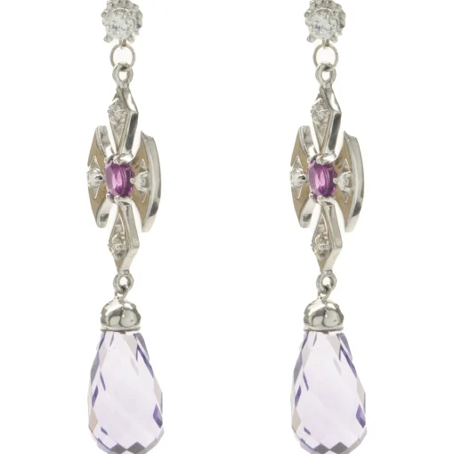 14 Karat White Gold Briolette Amethyst and Ruby Cross Drop Earrings