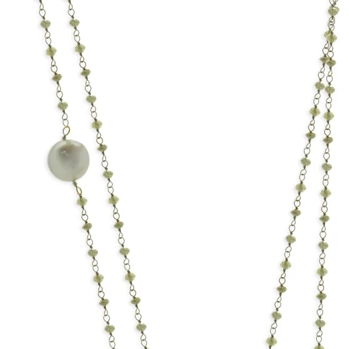 18 Karat White Gold Briolette Cut Diamonds, Black Diamonds, and Tahitian Pearl Station Necklace