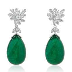 18 Karat White Gold Cabochon Cut Emerald and Diamond Drop Earrings