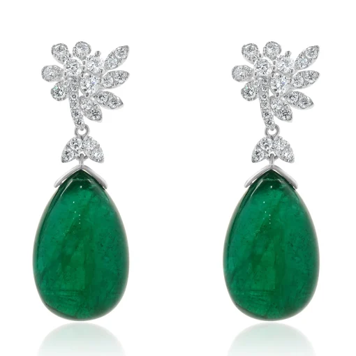 18 Karat White Gold Cabochon Cut Emerald and Diamond Drop Earrings