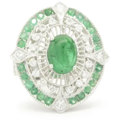 18 Karat White Gold Cabochon Cut Emerald and Diamond Ornate Cocktail Ring
