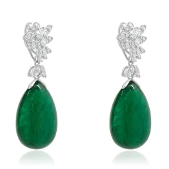 18 Karat White Gold Cabochon Cut Emerald and Diamond Drop Earrings