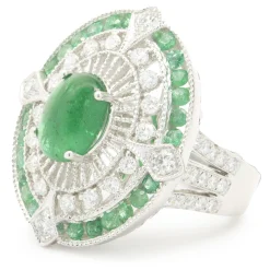 18 Karat White Gold Cabochon Cut Emerald and Diamond Ornate Cocktail Ring