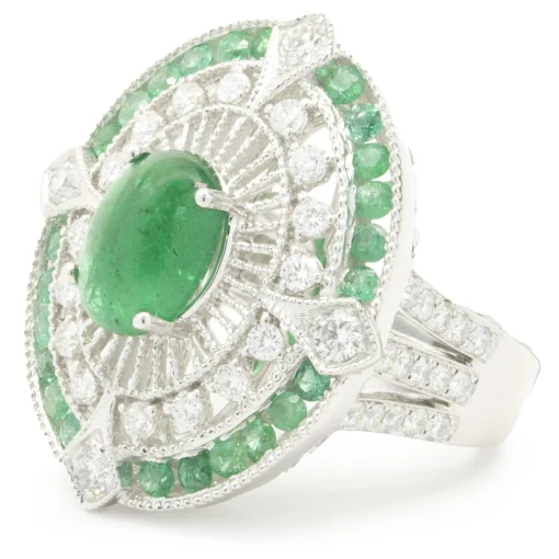18 Karat White Gold Cabochon Cut Emerald and Diamond Ornate Cocktail Ring