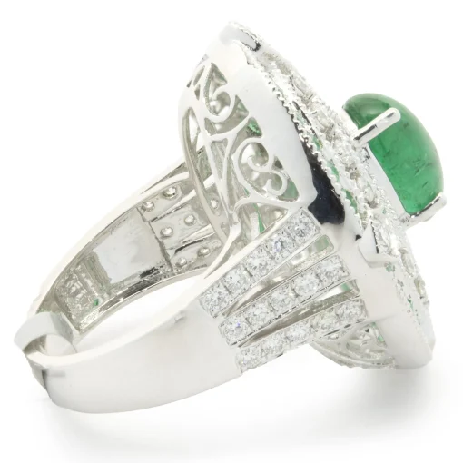 18 Karat White Gold Cabochon Cut Emerald and Diamond Ornate Cocktail Ring