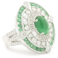 18 Karat White Gold Cabochon Cut Emerald and Diamond Ornate Cocktail Ring