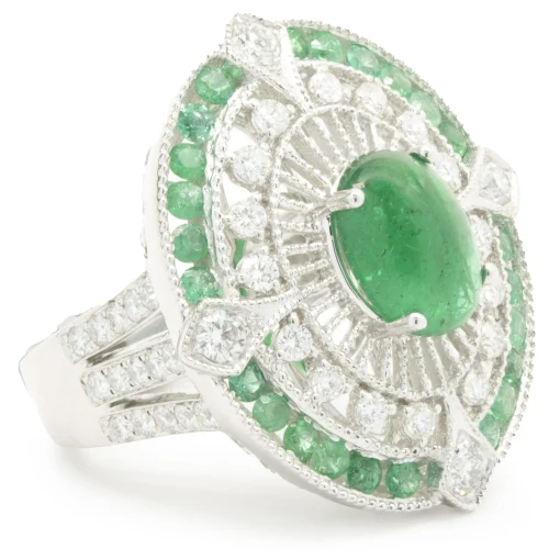 18 Karat White Gold Cabochon Cut Emerald and Diamond Ornate Cocktail Ring