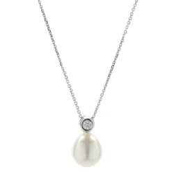 14 Karat White Gold Cultured Freshwater Pearl and Solitaire Diamond Drop Necklace