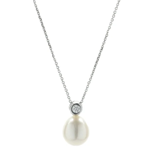 14 Karat White Gold Cultured Freshwater Pearl and Solitaire Diamond Drop Necklace