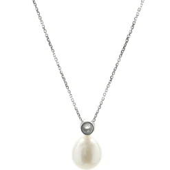 14 Karat White Gold Cultured Freshwater Pearl and Solitaire Diamond Drop Necklace