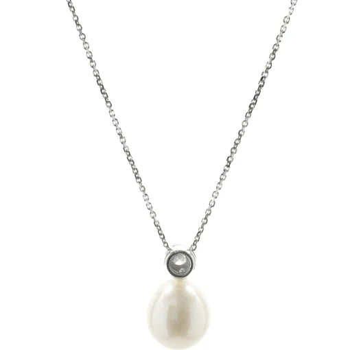 14 Karat White Gold Cultured Freshwater Pearl and Solitaire Diamond Drop Necklace