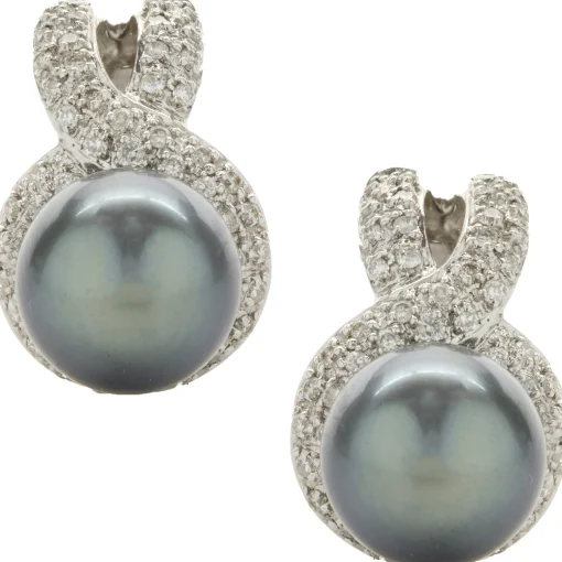 14 Karat White Gold Diamond and Tahitian Pearl Drop Earrings
