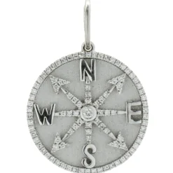 14 Karat White Gold Diamond Compass Medallion Pendant