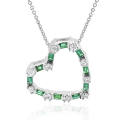 18 Karat White Gold Diamond and Emerald Open Heart Necklace