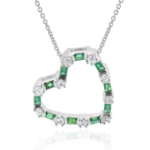 18 Karat White Gold Diamond and Emerald Open Heart Necklace