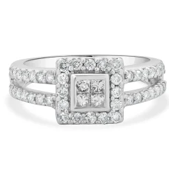 14 Karat White Gold Diamond Square Halo Split Shank Engagement Ring