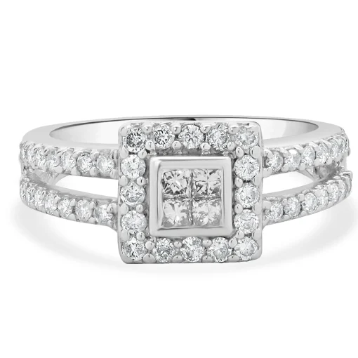 14 Karat White Gold Diamond Square Halo Split Shank Engagement Ring