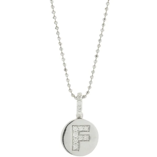 14 Karat White Gold Diamond F Disc Necklace