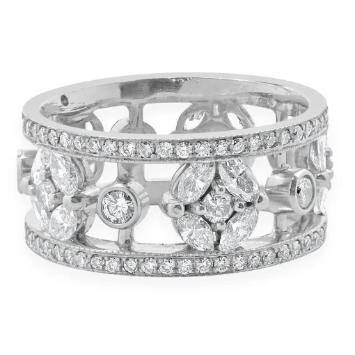 14 Karat White Gold Diamond Floral Station Cigar Band