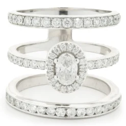 14 Karat White Gold Diamond Three Row Ring with Oval Centerpiece