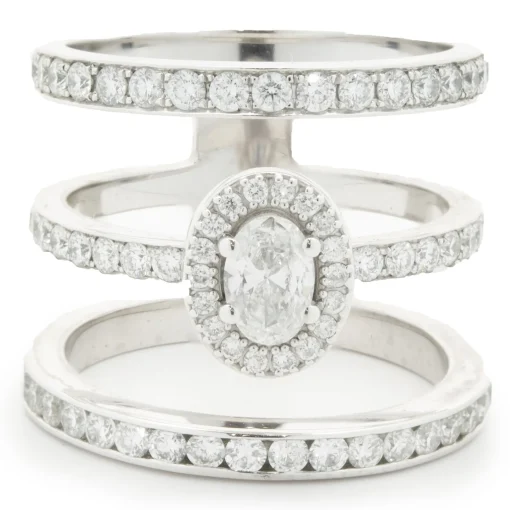 14 Karat White Gold Diamond Three Row Ring with Oval Centerpiece