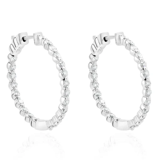 14 Karat White Gold Diamond Inside Outside Hoop Earrings