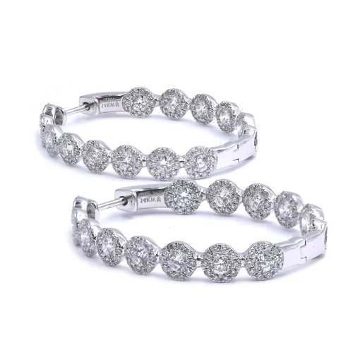 14 Karat White Gold Diamond Inside Outside Oval Hoop Earrings