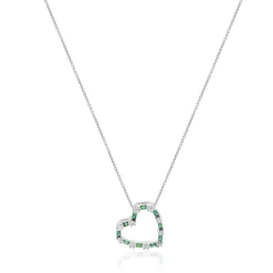 18 Karat White Gold Diamond and Emerald Open Heart Necklace