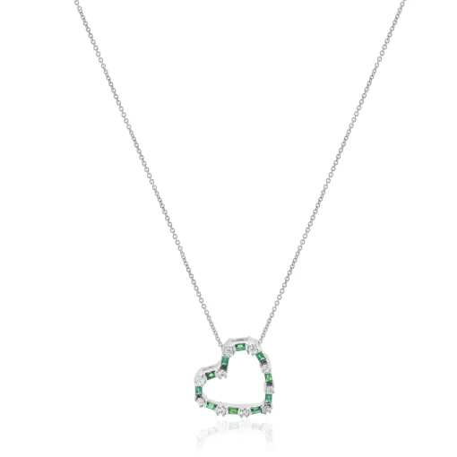 18 Karat White Gold Diamond and Emerald Open Heart Necklace