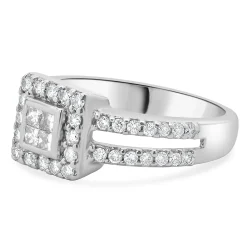 14 Karat White Gold Diamond Square Halo Split Shank Engagement Ring
