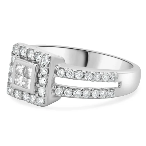 14 Karat White Gold Diamond Square Halo Split Shank Engagement Ring