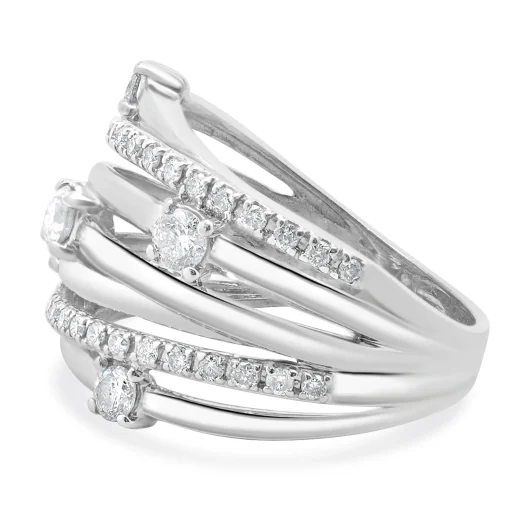10 Karat White Gold Diamond Bypass Ring with Stations