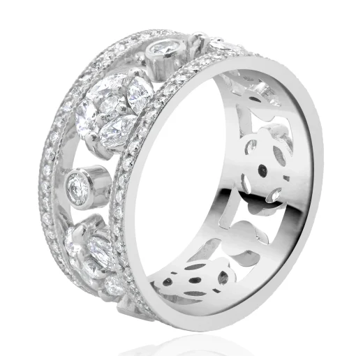 14 Karat White Gold Diamond Floral Station Cigar Band